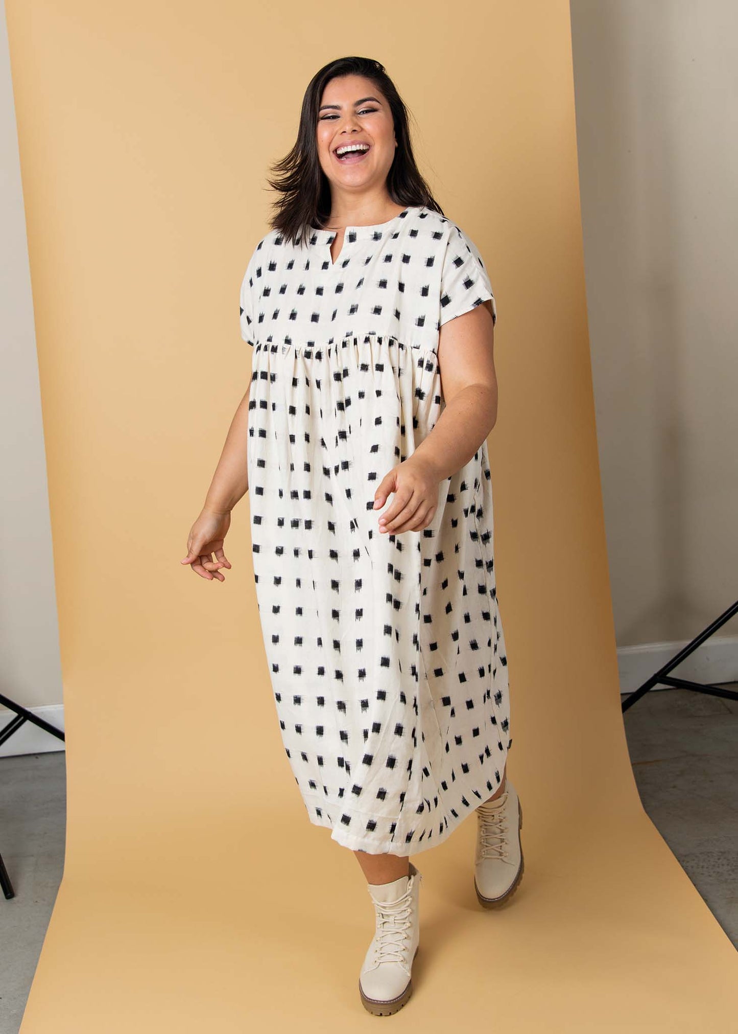 Meadow Dress - Ikat Squares Natural Black