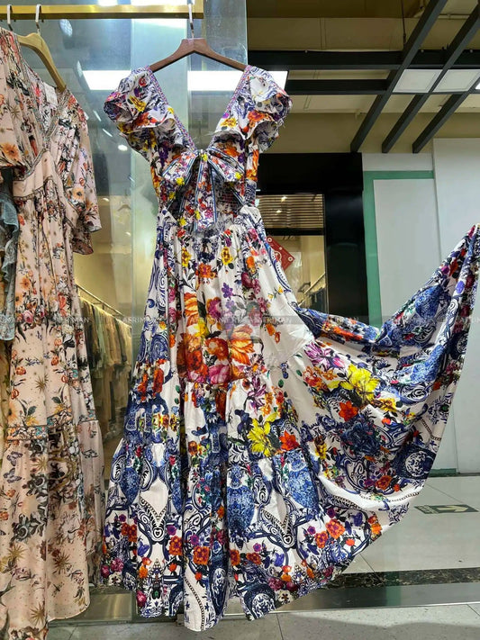 Women V Neck Crystal Beaded Flying Sleeve Retro Flower Print Elastic